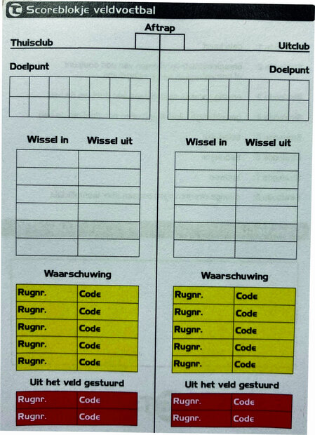 Scoreblokje veldvoetbal scheidsrechter